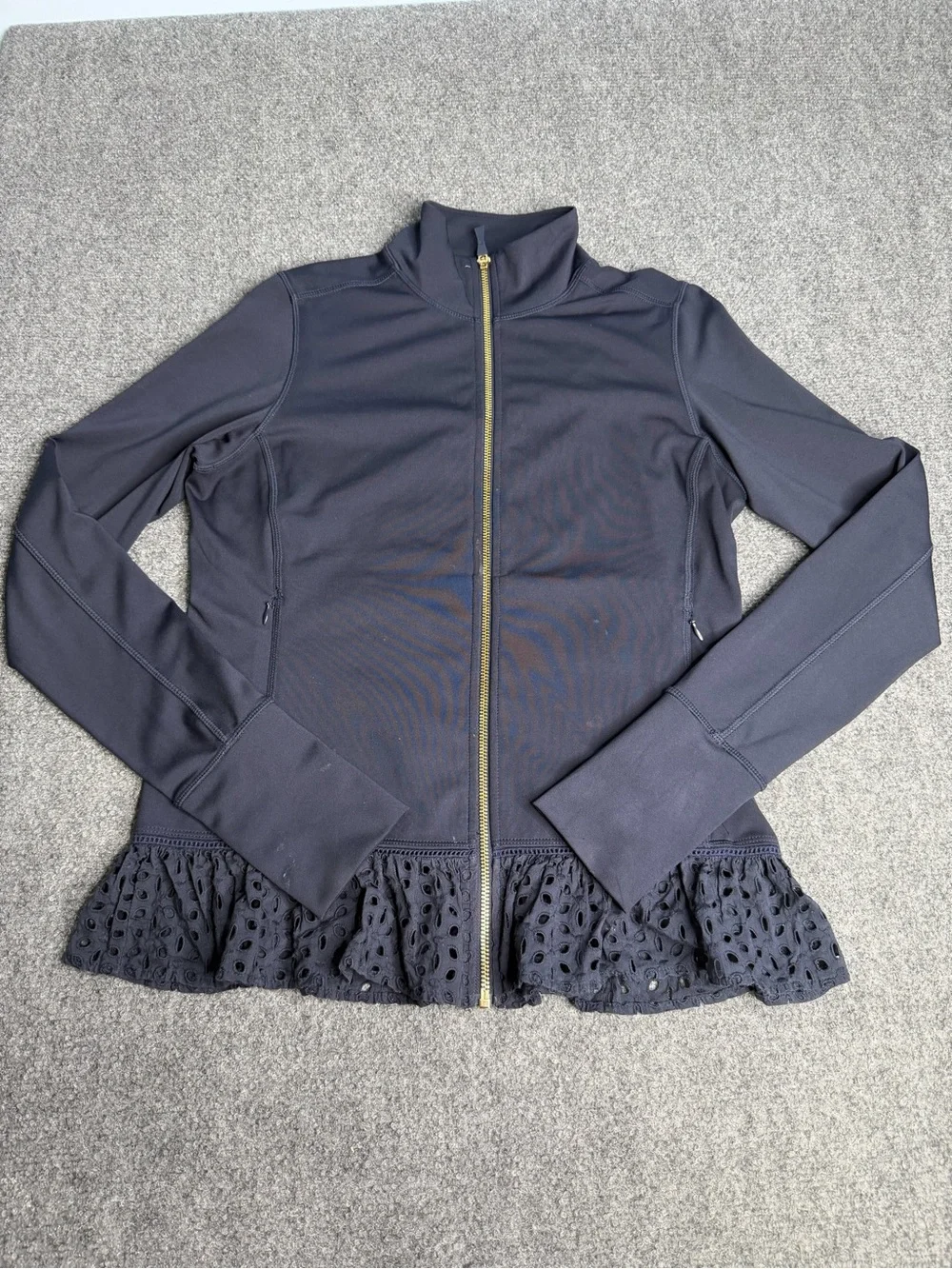 KATE SPADE ♠️ Womens Navy Full-Zip Jacket with Laser-Cut Peplum
